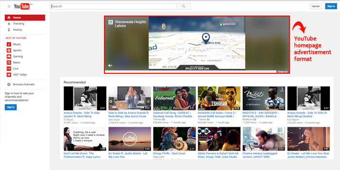 YouTube Homepage Advertisement Format Screenshot